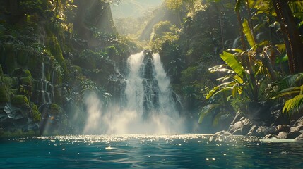 Picturesque landscape with a waterfall falling from a high cliff surrounded by a verdant forest....