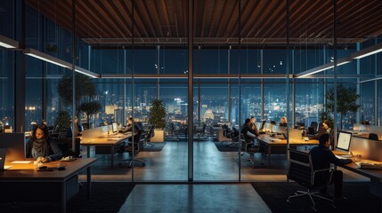 A gathering of individuals occupies office desks in a building during nighttime. The room features water fixtures, tables, and glass elements. AIG41 - obrazy, fototapety, plakaty