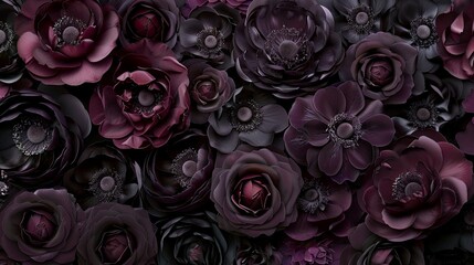 Flowers and leaves on dark background in gothic style. Sympathy or condolence card. Illustration for cover, card, postcard, brochure, advertising or presentation. - obrazy, fototapety, plakaty