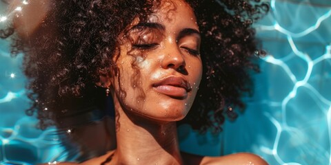 A dark-skinned girl in a shiny swimsuit on an azure background. Rest and relaxation illustration