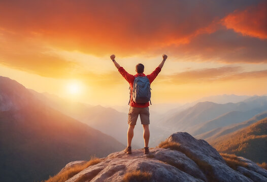 Carefree hiker with arms raised on mountain top