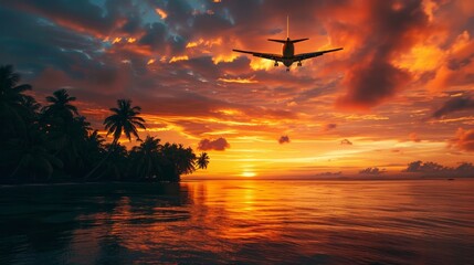 Capturing the magical moment of an airplane flying above a tropical sea as the sun sets