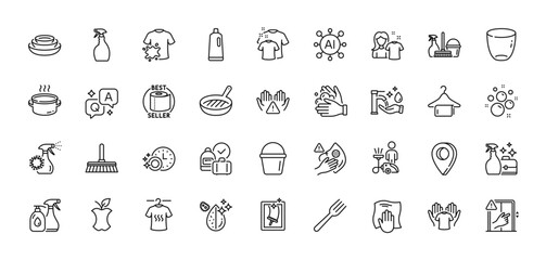 Clean hands, Glass and Dirty t-shirt line icons pack. AI, Question and Answer, Map pin icons. Dry t-shirt, Clean bubbles, Fork web icon. Dont touch, Washing cloth, Coronavirus spray pictogram. Vector