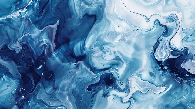 An abstract fluid art painting that mesmerizes with swirling shades of blue and white