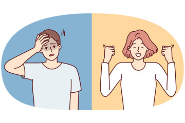 Cheerful woman makes victorious wave of hands and unhappy man clutching head. Casual girl and guy with different moods for concept of different reactions to events or news