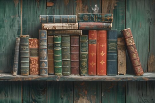 Vintage literature. Antique old books on wooden shelf. AI Generated