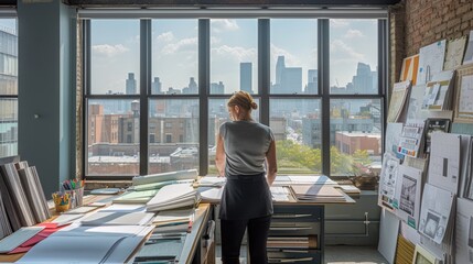 An interior designer is absorbed in evaluating various fabric samples spread across her studio table, with a backdrop of the cityscape outside. AIG41