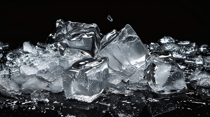 A sharp, clear image of crushed ice, starkly isolated against a black background