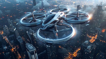 a futuristic flying vehicle in the air over a cityscape with a skyscraper in the background