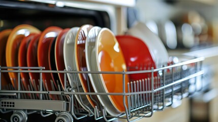 A neat arrangement of dishes inside a dishwasher - obrazy, fototapety, plakaty