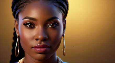 Junge afrikanische Frau mit tollem Styling schaut in die Kamera . close up Portrait foto. KI Generated - obrazy, fototapety, plakaty