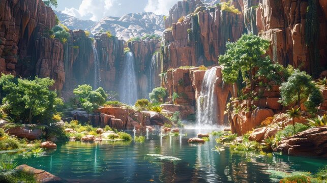 A tranquil canyon oasis, with lush vegetation clinging to steep cliffs, illustrating the diversity of life supported by unique geological formations.
