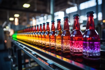 Fotobehang Bottles of alcoholic beverages on a conveyor belt in a beverage factory © Berezhna_Iuliia