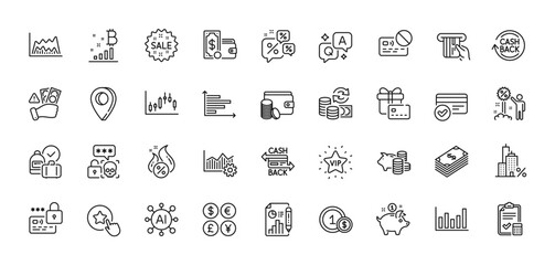 Report document, Cashback and Lock line icons pack. AI, Question and Answer, Map pin icons. Gift card, Column chart, Card web icon. Hot loan, Operational excellence, Mortgage pictogram. Vector