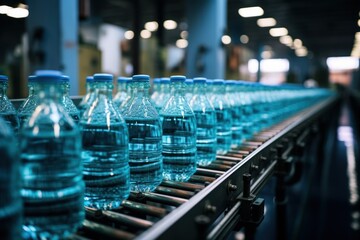 Bottles of water on conveyor belt in beverage factory. Industrial background