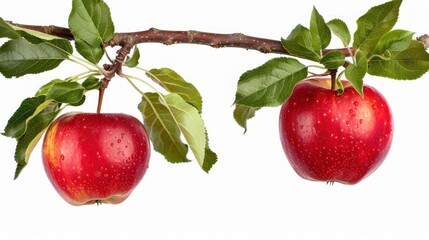 Two vibrant red apples with fresh green leaves, hanging from a branch, isolated on a white background