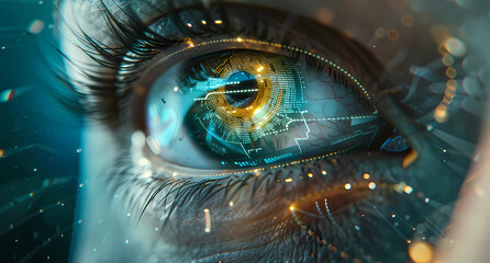 A closeup of an eye with digital elements