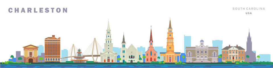 Obraz premium Charleston city landmarks vector illustration on white background. South Carolina 
