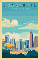 Charlotte city retro poster colored vector illustration, travel destination, North Carolina - 773455717