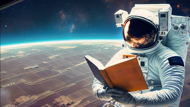 astronaut in space reading book over farm fields on earth
