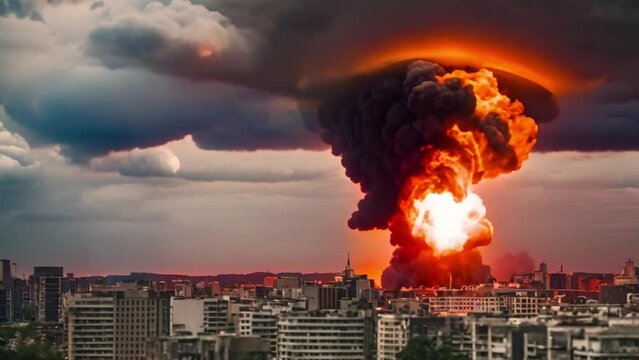 Nuclear explosion in the middle of the city, fire and smoke