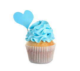 Delicious cupcake with blue frosting on white background. Gender reveal party concept
