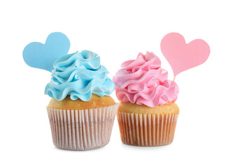 Delicious cupcakes with blue and pink frosting on white background. Gender reveal party concept