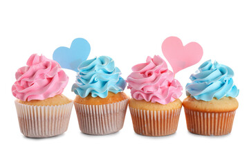 Delicious cupcakes with blue and pink frosting on white background. Gender reveal party concept