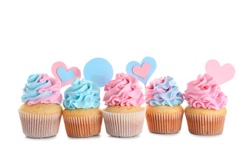 Delicious cupcakes with blue and pink frosting on white background. Gender reveal party concept