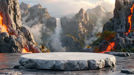 Empty white rock podium on valcano mountain background with waterdall of lava for product presentation - obrazy, fototapety, plakaty