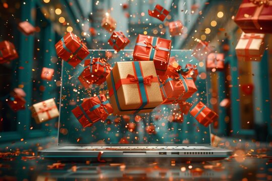 red and gold christmas packages shoot out of laptop  