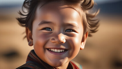 Cute happy mongoloid child portrait. Little asian kid boy smile on rustic sunny ethnic background in Natural light