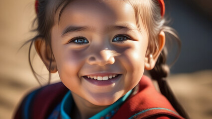 Cute happy mongoloid child portrait. Little asian kid girl smile on rustic sunny ethnic background in Natural light