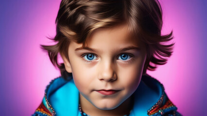 Cute mongoloid child portrait. Little asian kid boy on on colored pop art background