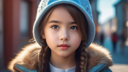 Cute mongoloid child portrait. Little asian kid girl on rustic sunny ethnic background in Natural light