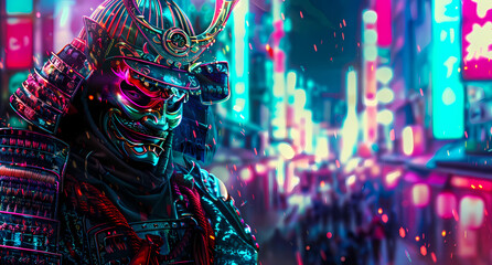 A cyberpunk samurai wearing an Oni mask in the style of Japanese futuristic neon noir