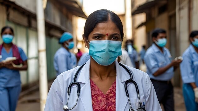 Indian doctor wearing mask with stethoscope on a world health day, world heart day, doctor with nurse