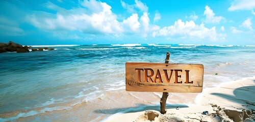 A wooden sign with TRAVEL text on sunny tropical beach, ocean sea background with copy space. Summer holidays destination vacation tourism concept. Advertising banner, billboard for product mockup