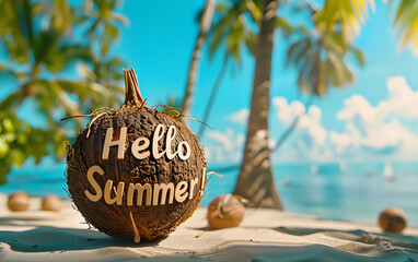 3D inscription Hello Summer! on a coco fruit, lettering on a tropical beach ocean view with blue...