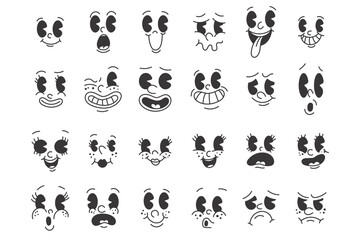 Vintage 50s cartoon and comic happy facial expressions. old animation funny face caricatures. retro quirky characters smile emoji vector set