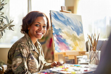 African American female soldier paints canvas in a studio. Light floods the room, illuminating her artwork. Concept of art therapy, mental, health rehabilitation as a joyous exploration for veterans - obrazy, fototapety, plakaty