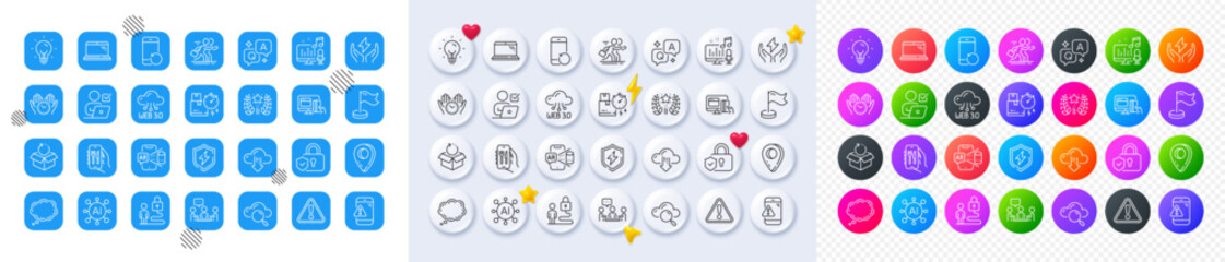 Web3, Lock and Return package line icons. Square, Gradient, Pin 3d buttons. AI, QA and map pin icons. Pack of Augmented reality, Recovery phone, Warning icon. Vector