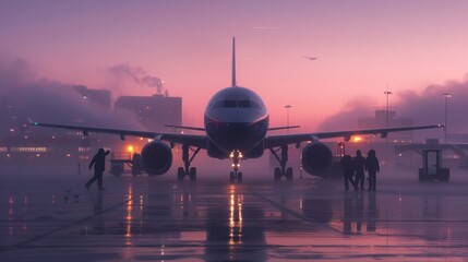 An airplane taxis along the runway in the night, its lights piercing through the light mist, casting a soft glow against the foggy backdrop. - Powered by Adobe