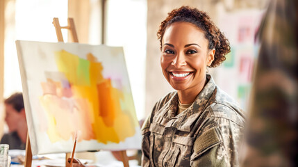 Smiling African American female soldier creates an abstract canvas in a studio. Her bright expression reflects the positive therapy environment. Concept of art therapy enhancing veteran mental health