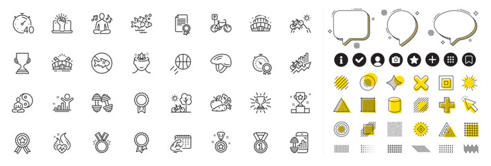 Fototapeta na wymiar Set of Honor, Timer and Best rank line icons for web app. Design elements, Social media icons. Yoga, Sports arena, Best result icons. Bicycle parking, Bicycle helmet, Winner signs. Vector