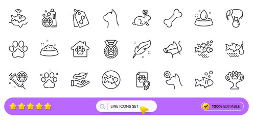 Feather, Elephant on ball and Fish line icons for web app. Pack of Dog paw, Pets care, Water bowl pictogram icons. Dog certificate, Pet friendly, Stop fishing signs. Pet shelter. Search bar. Vector