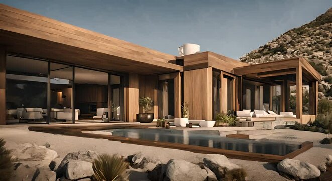 The modern house presents a combination of natural and innovative materials, carefully selected to harmonize harmoniously with the surrounding mountain terrain.