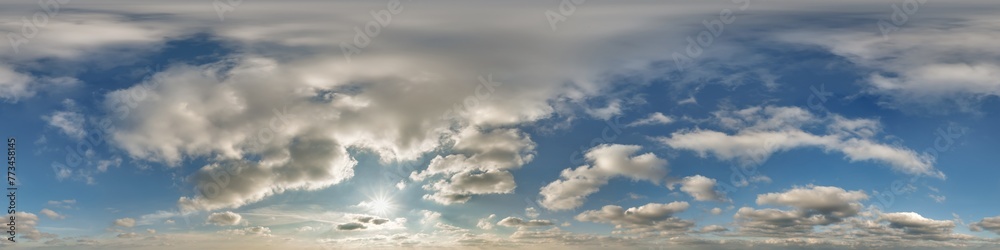 Wall mural blue sky 360 hdri panorama with twilight clouds before sunset in equirectangular format with zenith 