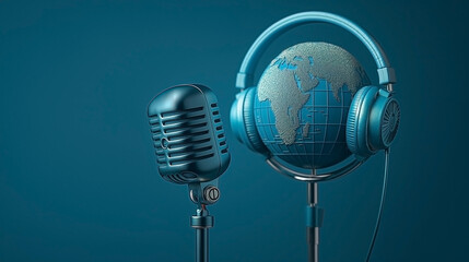 A vintage microphone stands next to a globe with headphones, symbolizing global communication and broadcasting.