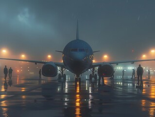 An airplane taxis along the runway in the night, its lights piercing through the light mist, casting a soft glow against the foggy backdrop. - obrazy, fototapety, plakaty